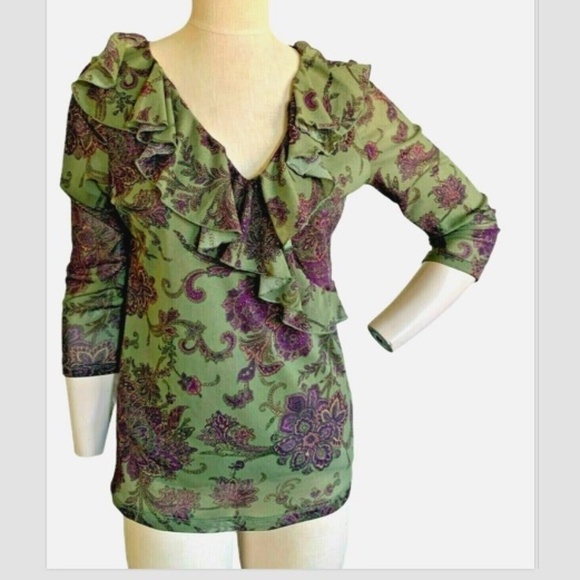 Chaps Stretch Mesh Ruffle V-Neck Top Sz L Khaki Green Purple Floral #225E - Picture 1 of 6